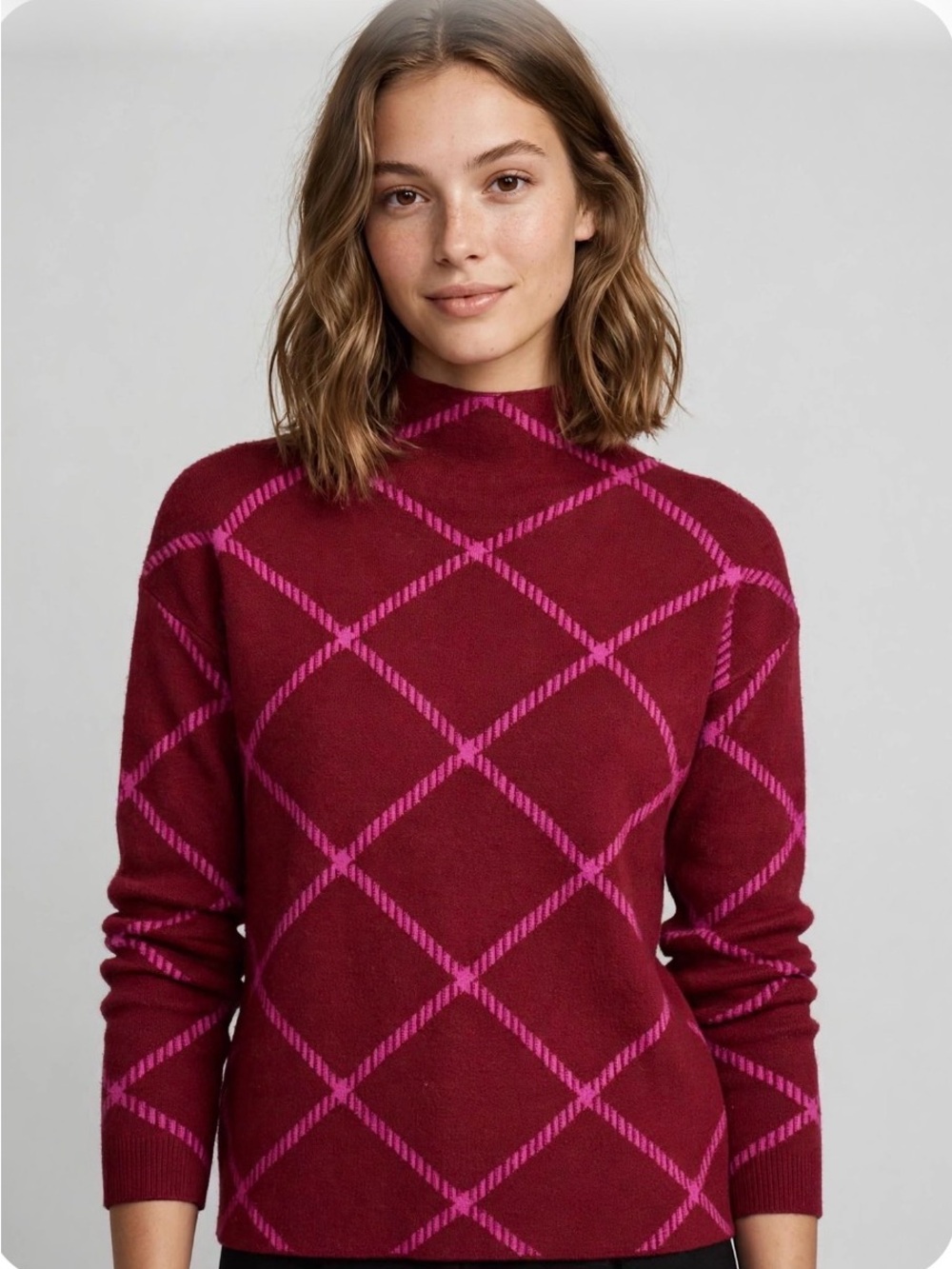 Burgundy Pink Diamond Windowpane Mock Neck Soft
